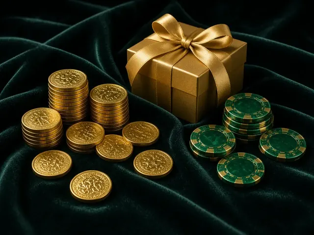 Monedas y chips de bienvenida sobre terciopelo oscuro
