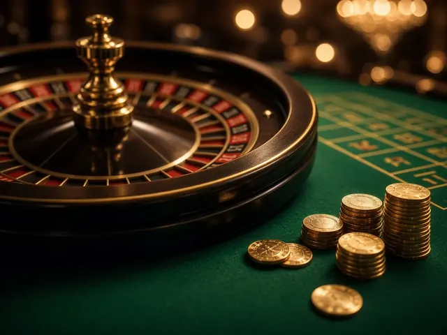 Ruleta con fichas doradas sobre tapete esmeralda
