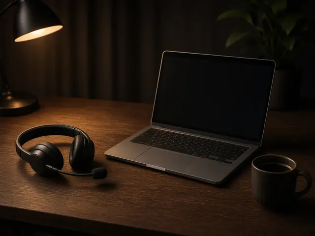 Escritorio de soporte con auriculares y portátil