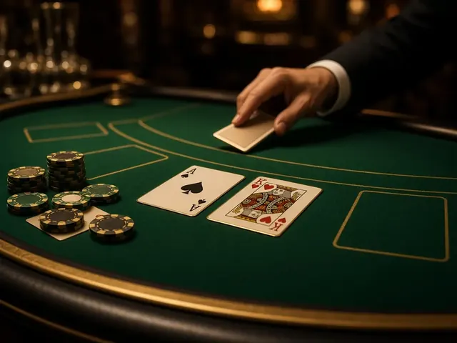 Mesa de blackjack en vivo con cartas y fichas