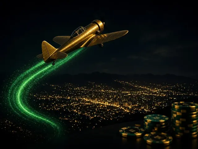 Avión dorado y curva de multiplicador sobre ciudad nocturna