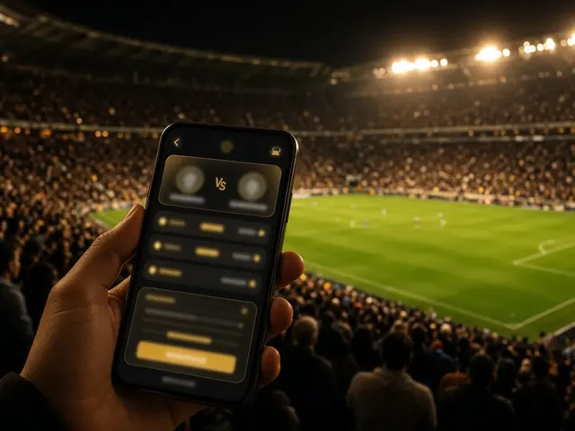 Estadio de noche y celular con un cupón de apuestas